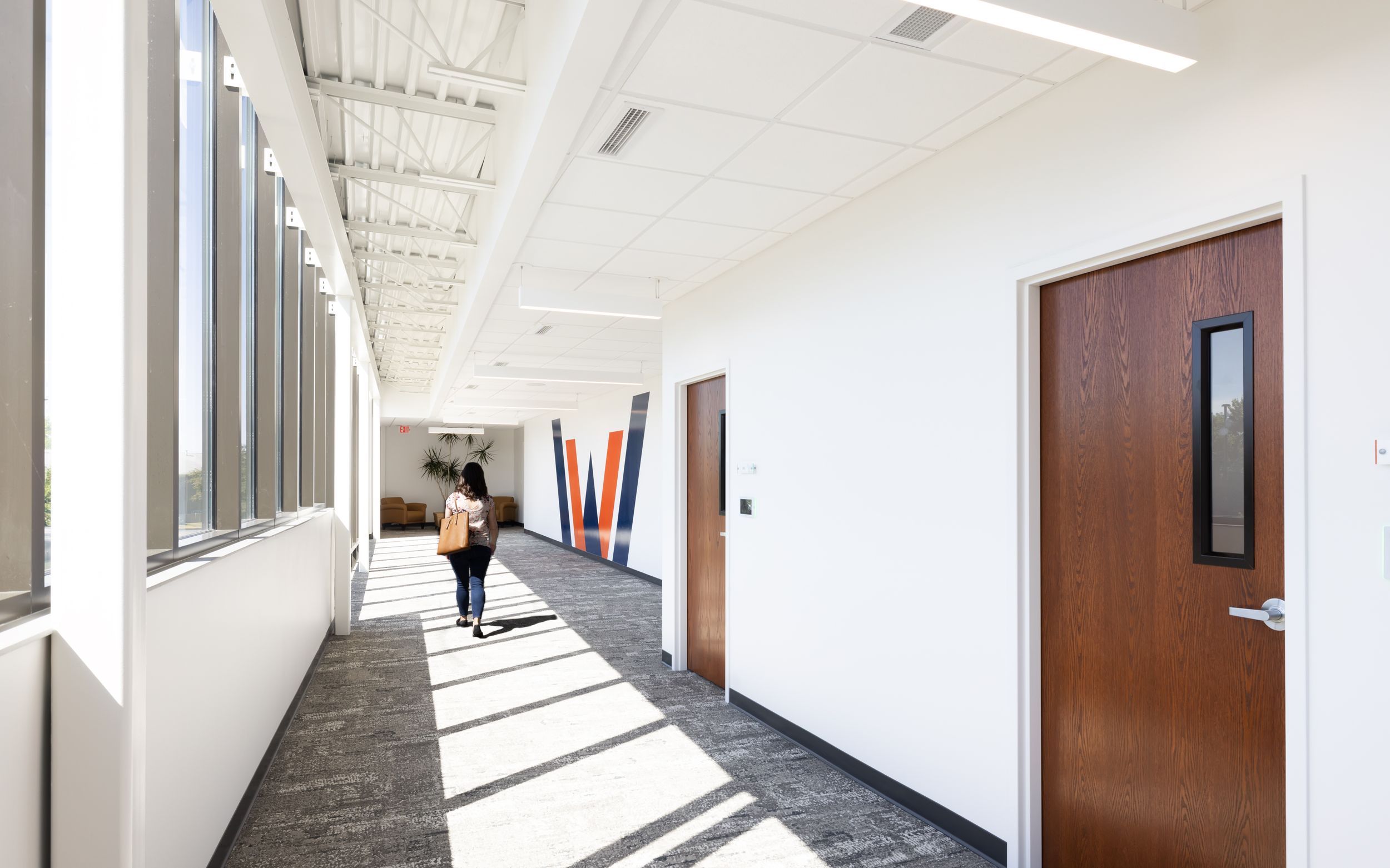 A bright office hallway with large windows casting dramatic shadows on white walls and a brown wooden door.