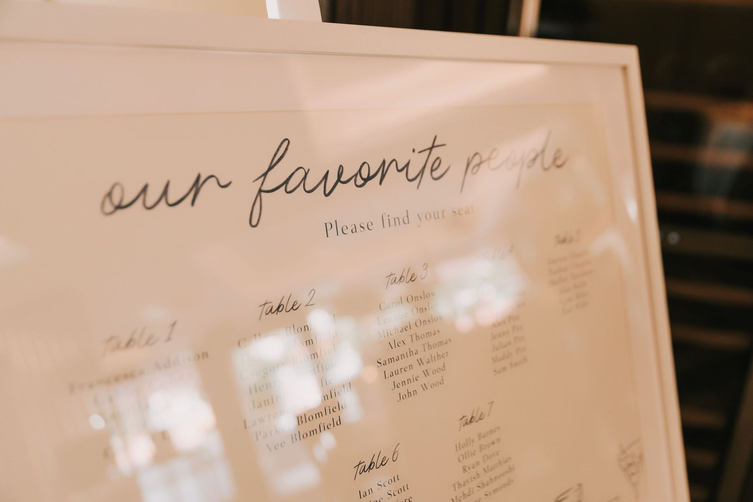 Wedding guests sign their names and messages on a decorative guest book page at a reception.