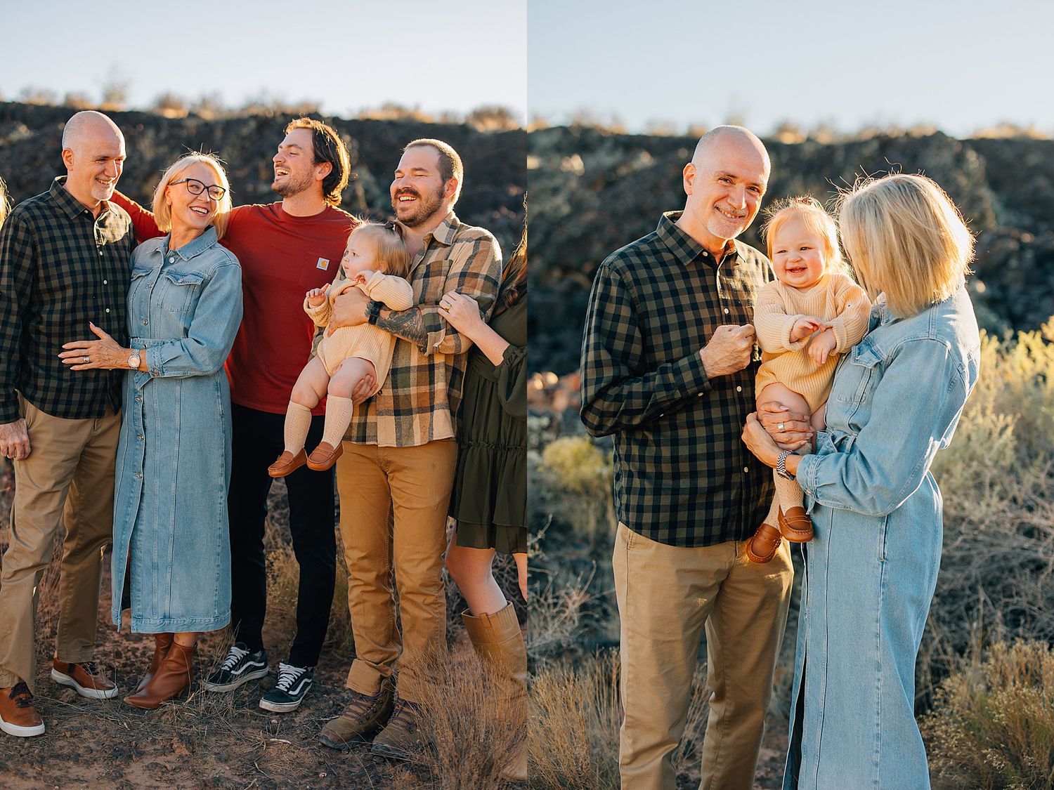 Multi-generational family gathering outdoors at sunset in a desert landscape wearing casual clothing.