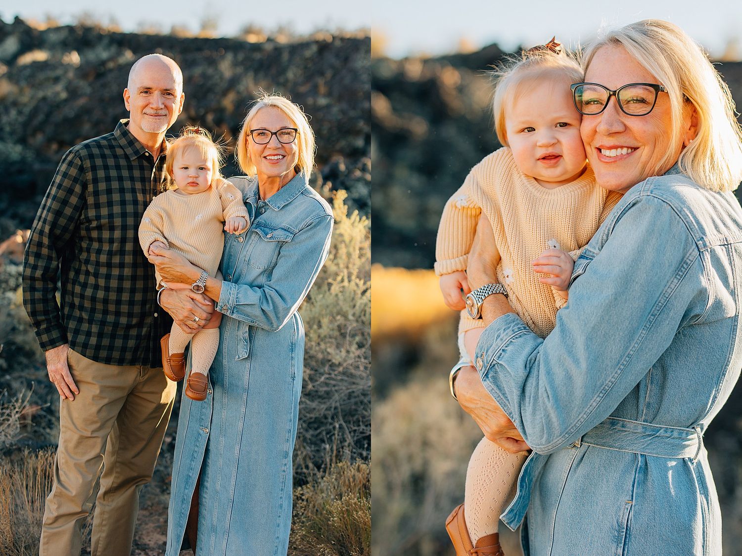 A series of candid outdoor family portraits taken at golden hour in a natural setting.