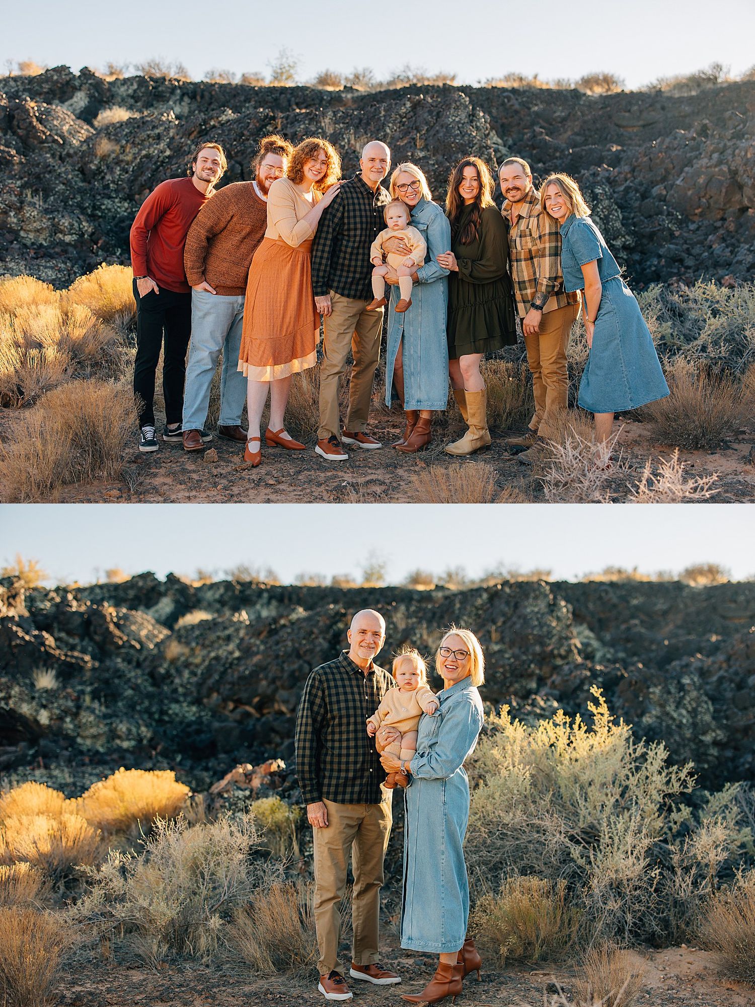 A group gathers for outdoor family portraits at sunset in a desert landscape with golden brush and rocky terrain.