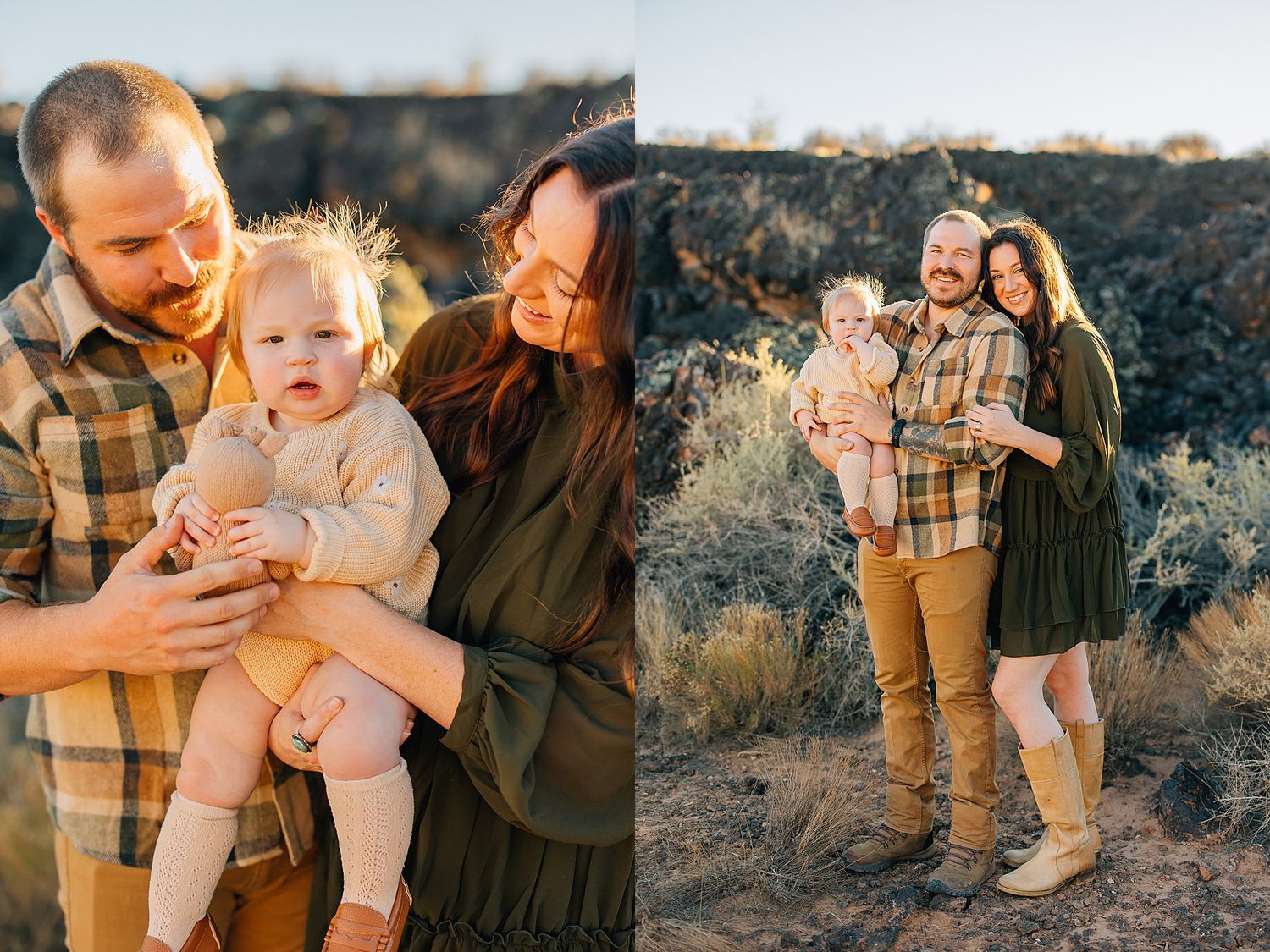 A family wearing coordinated brown and plaid outfits poses together in a desert landscape during golden hour.