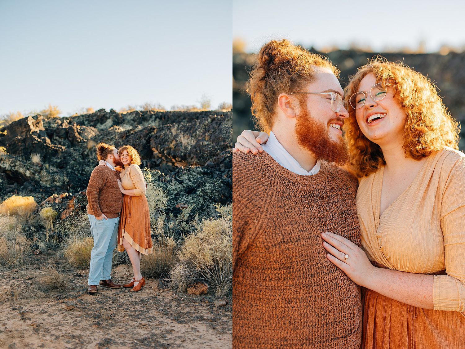 Romantic couple in warm sunset light share intimate moments during golden hour outdoor photo session.