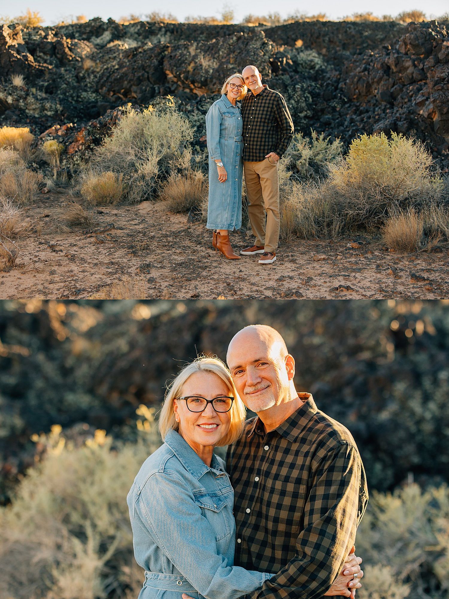 A couple shares tender moments together during a desert sunset photoshoot among desert brush and rocks.