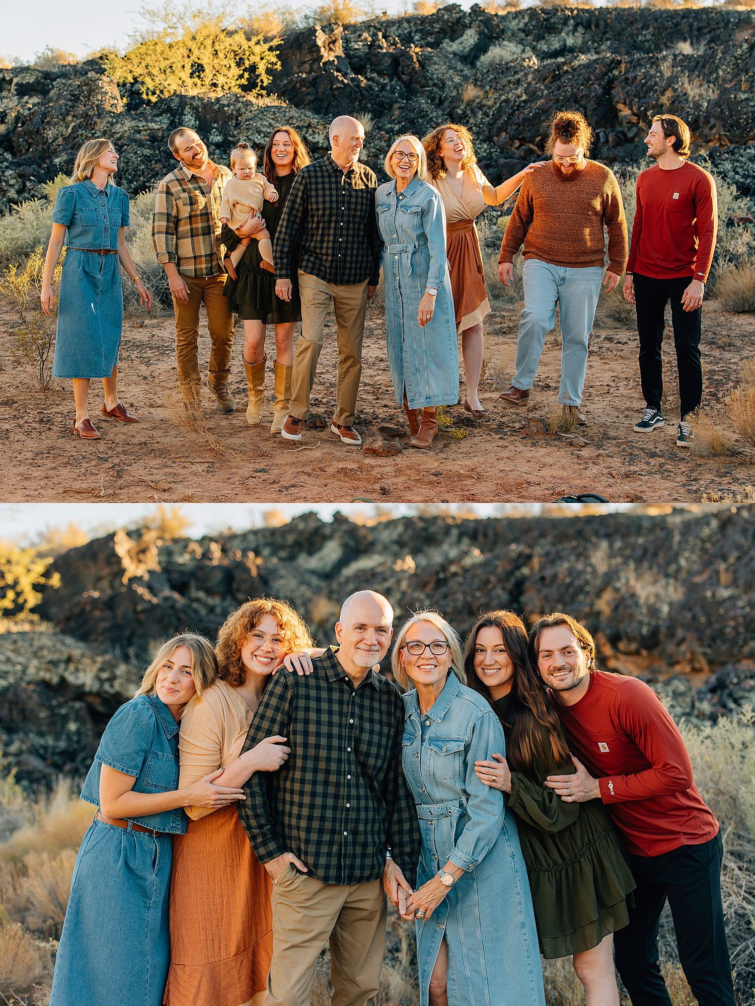 A group poses together outdoors against a rocky backdrop during golden hour in coordinated fall-toned outfits.