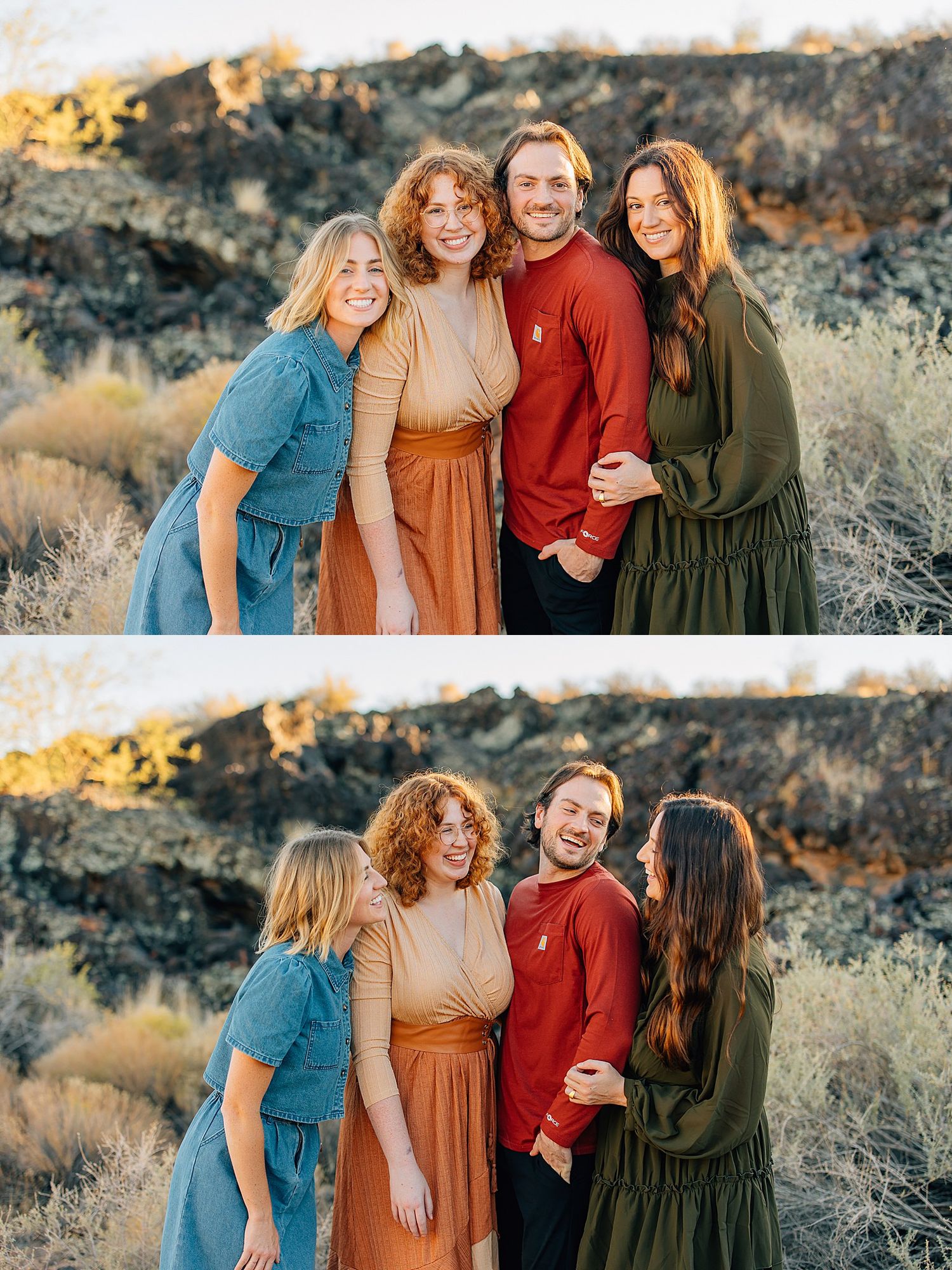 A group in coordinated fall outfits of rust, olive and denim colors pose together outdoors during golden hour.