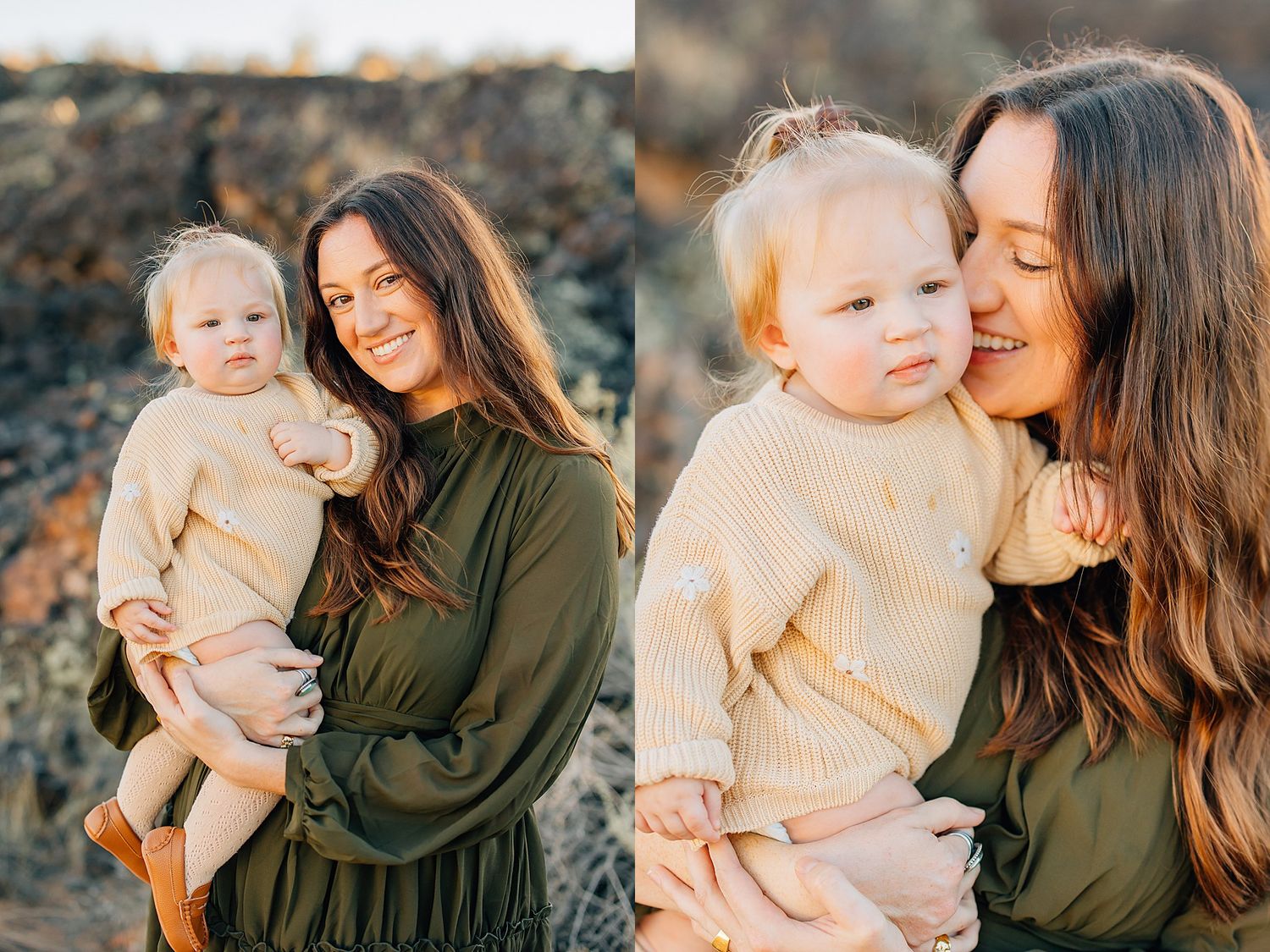 A series of warm sunset photos showing tender moments between parent and child in olive green sweaters.