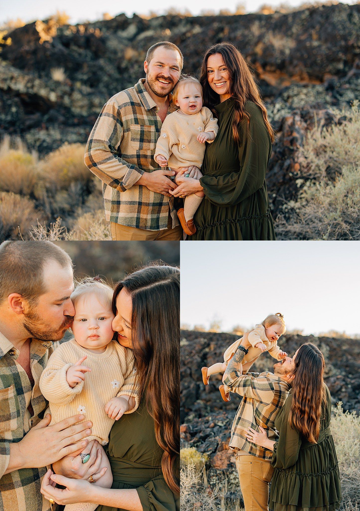 Family portrait session in desert landscape with warm sunset lighting and casual attire creates intimate moments.