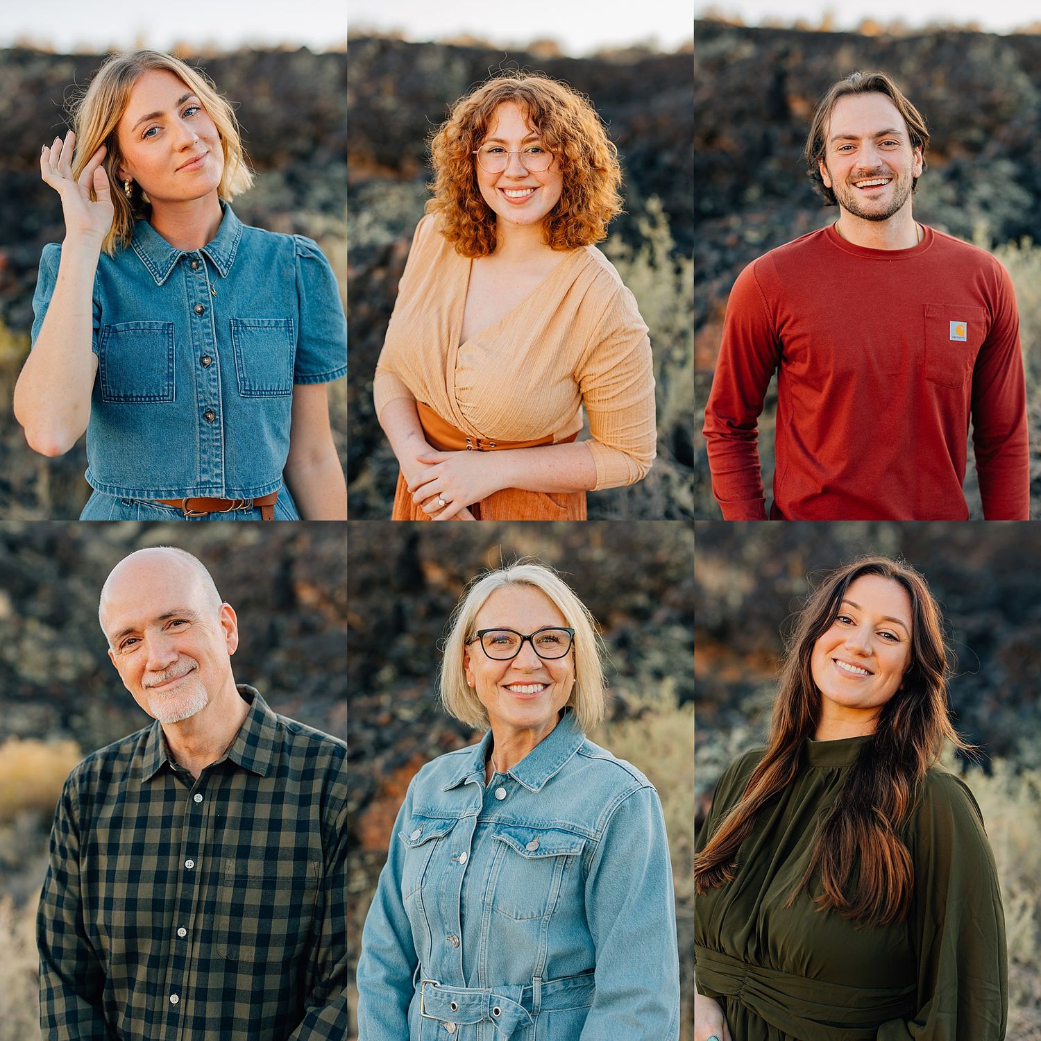 Collage of headshots featuring people in casual attire against a dark stone background in warm natural lighting.