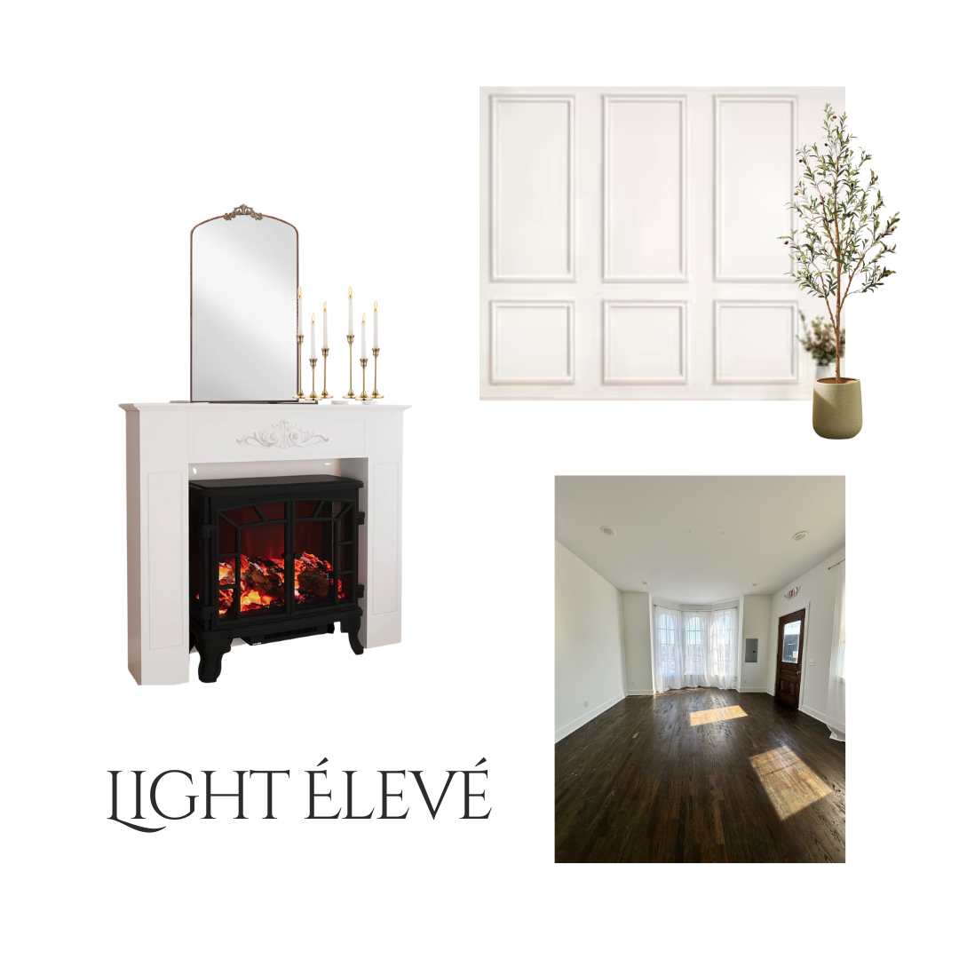 A white fireplace mantel with mirror and candles, wall panels, potted plant, and empty room with hardwood floors.
