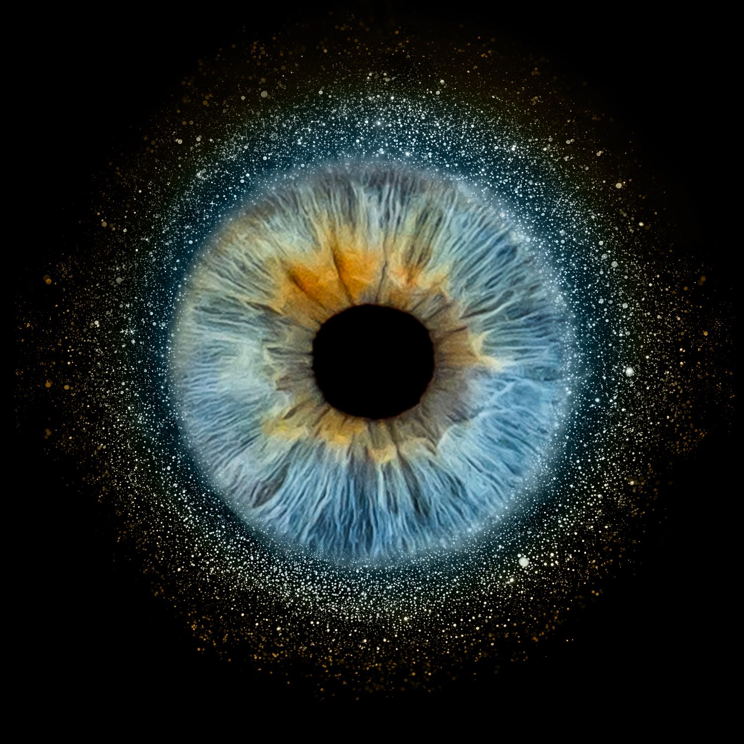 A sequence of cosmic-inspired eye iris photographs in blue and gold tones against a dark background with sparkling effects.