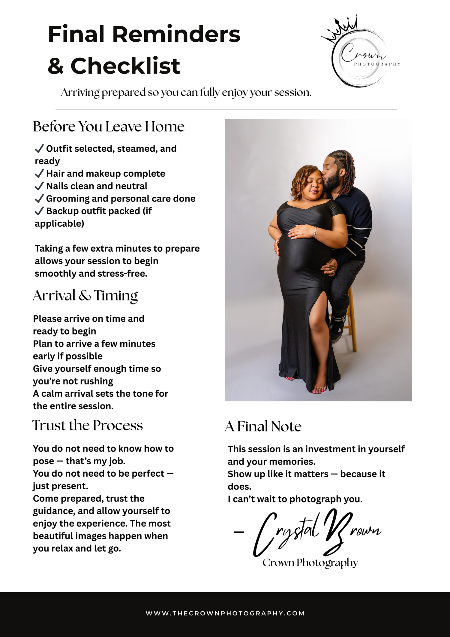 A professional photography checklist document with reminders and a black and white studio portrait on a clean white layout.