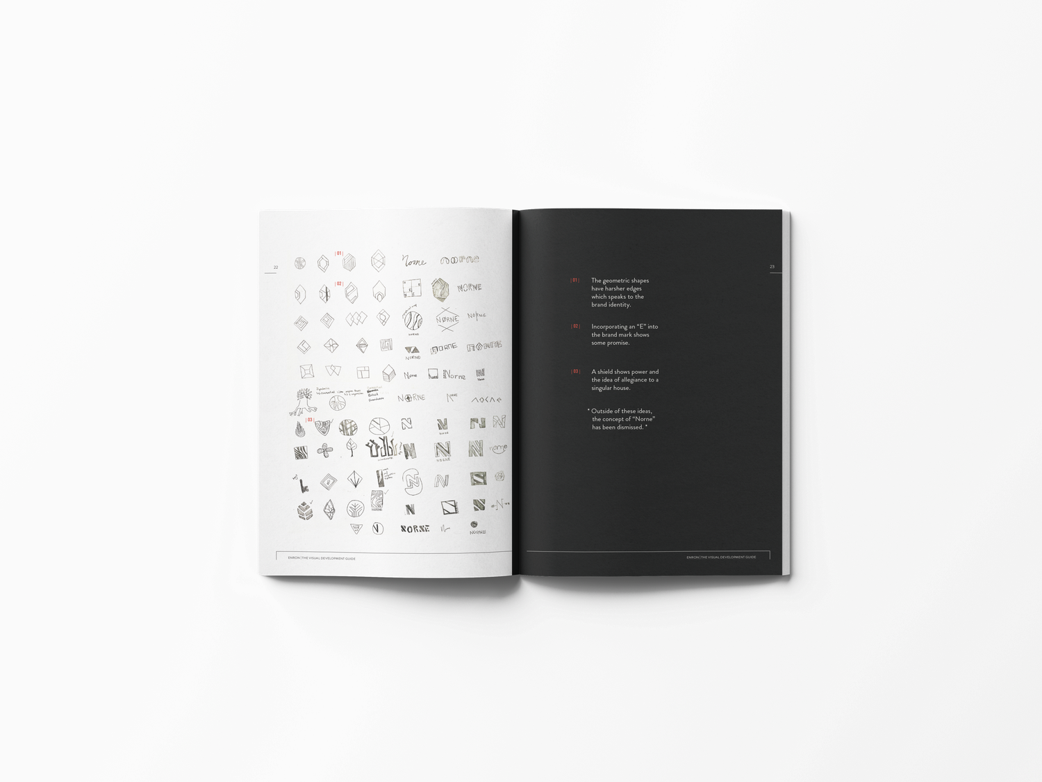 Open brand guidelines book showing collection of minimal icons and symbols in grid layout.
