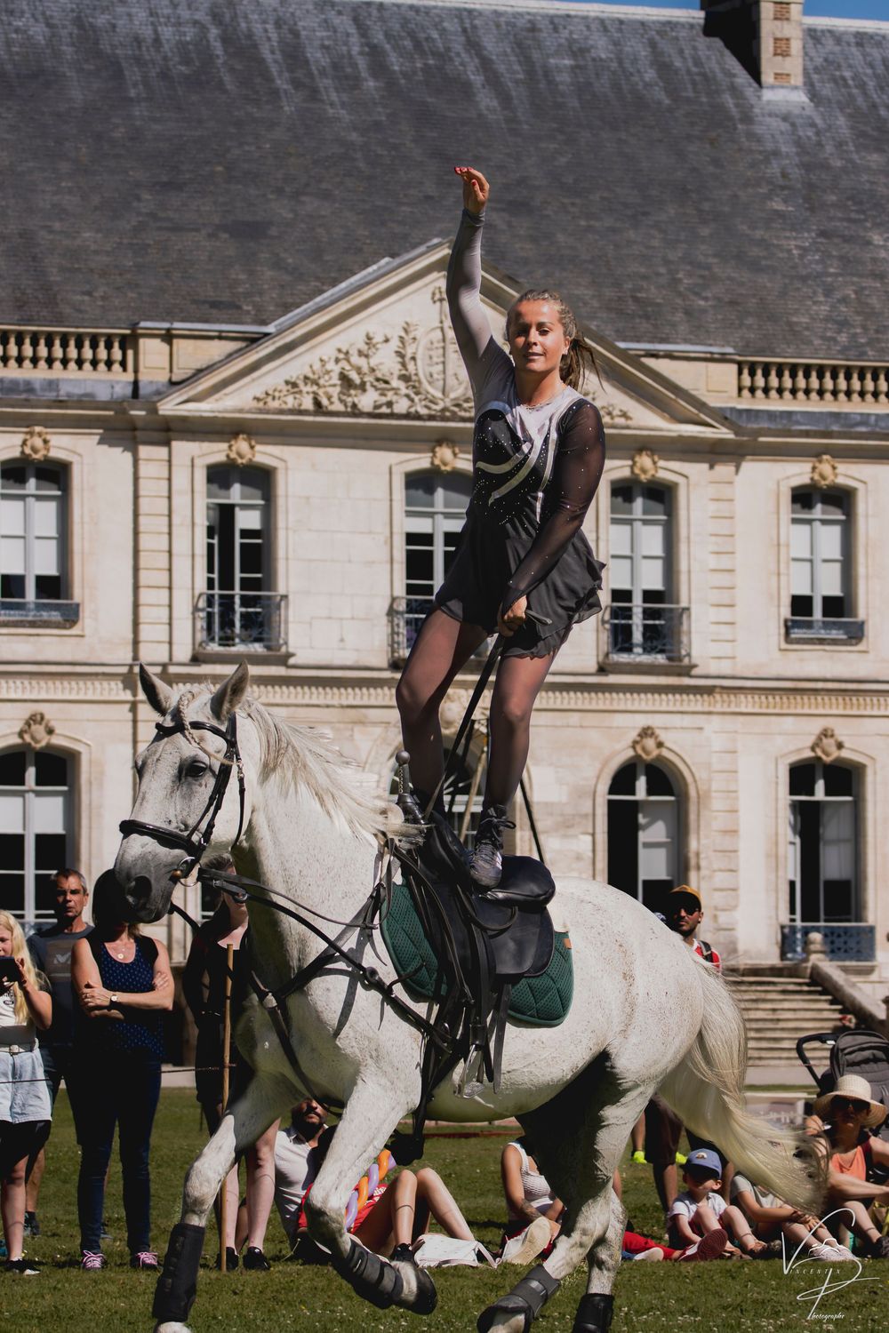 Horse and rider performing in front of historic building with spectators.