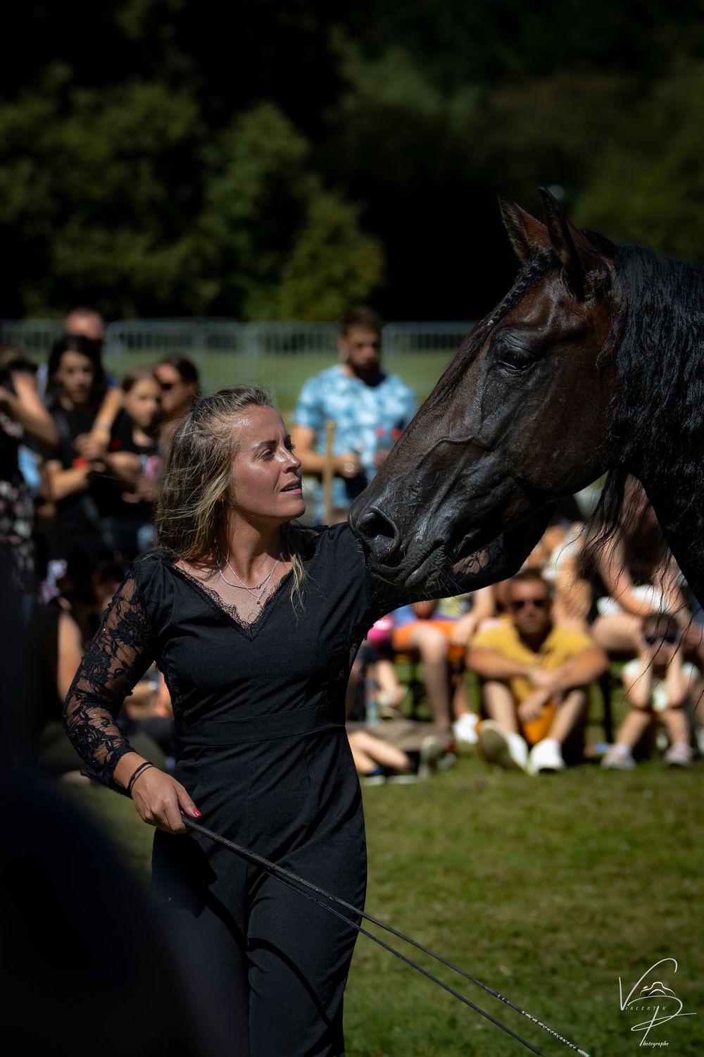 Horse rider performing an acrobatic stunt on horseback in front of a crowd at an outdoor event.