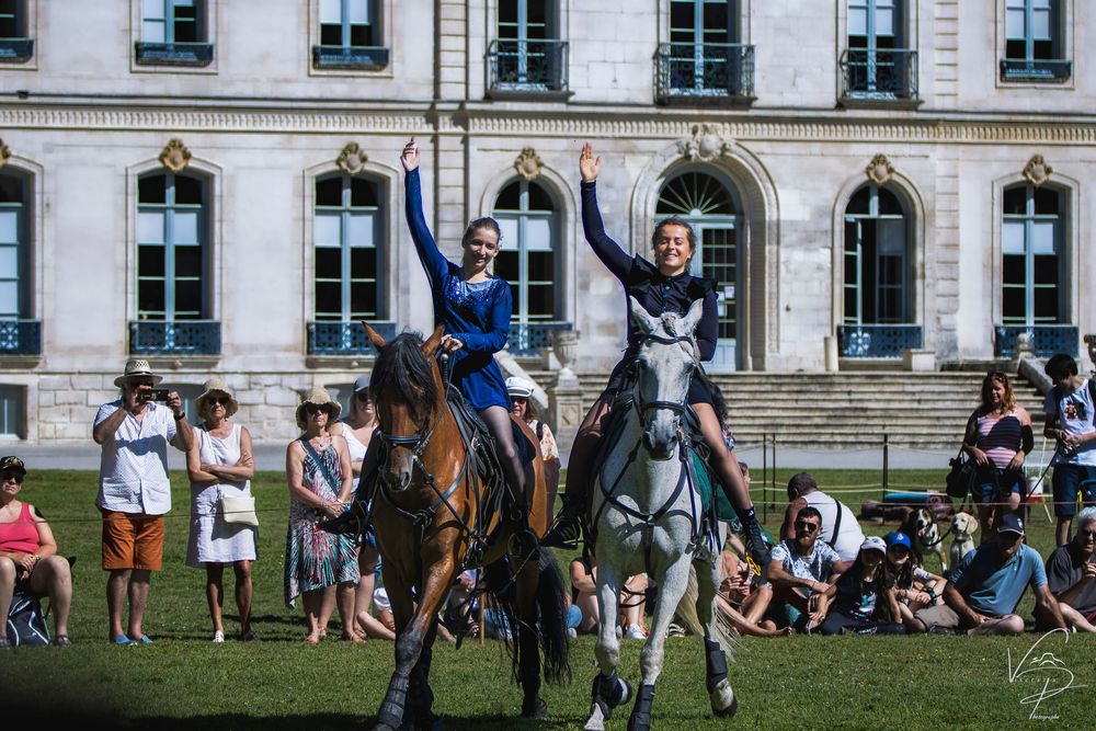 Equestrian performance taking place on a grassy field with historic architecture in the background.