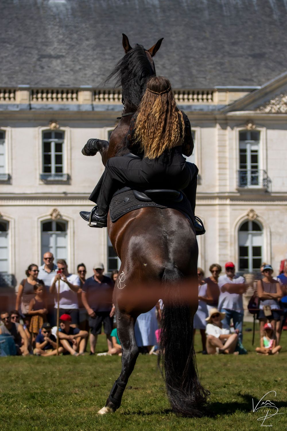 Equestrian performer executing a dramatic side dismount during a show with historic buildings in background.