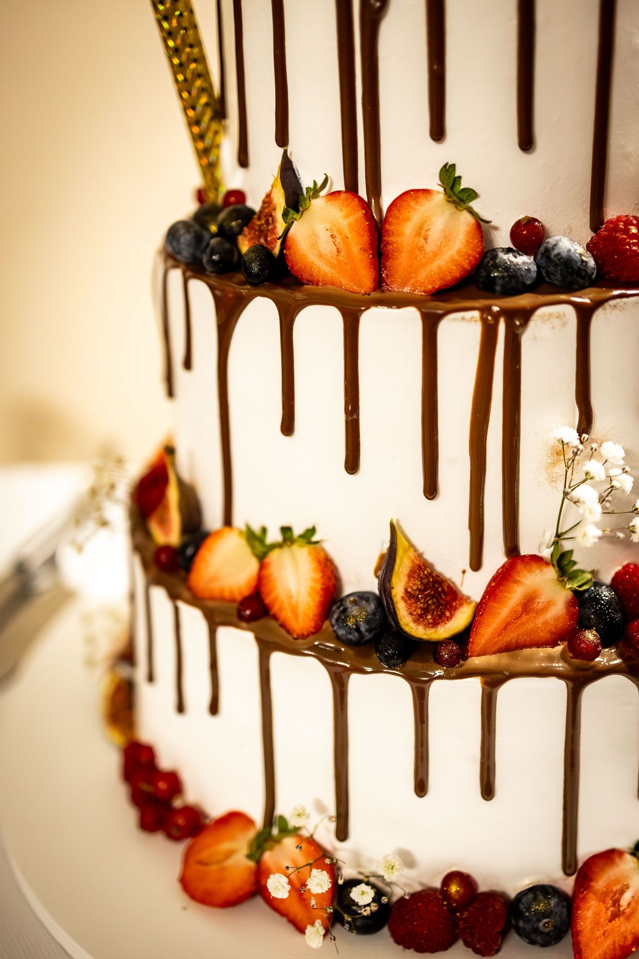 Wedding cake decorated with chocolate drips, fresh strawberries and fruit garnishes.