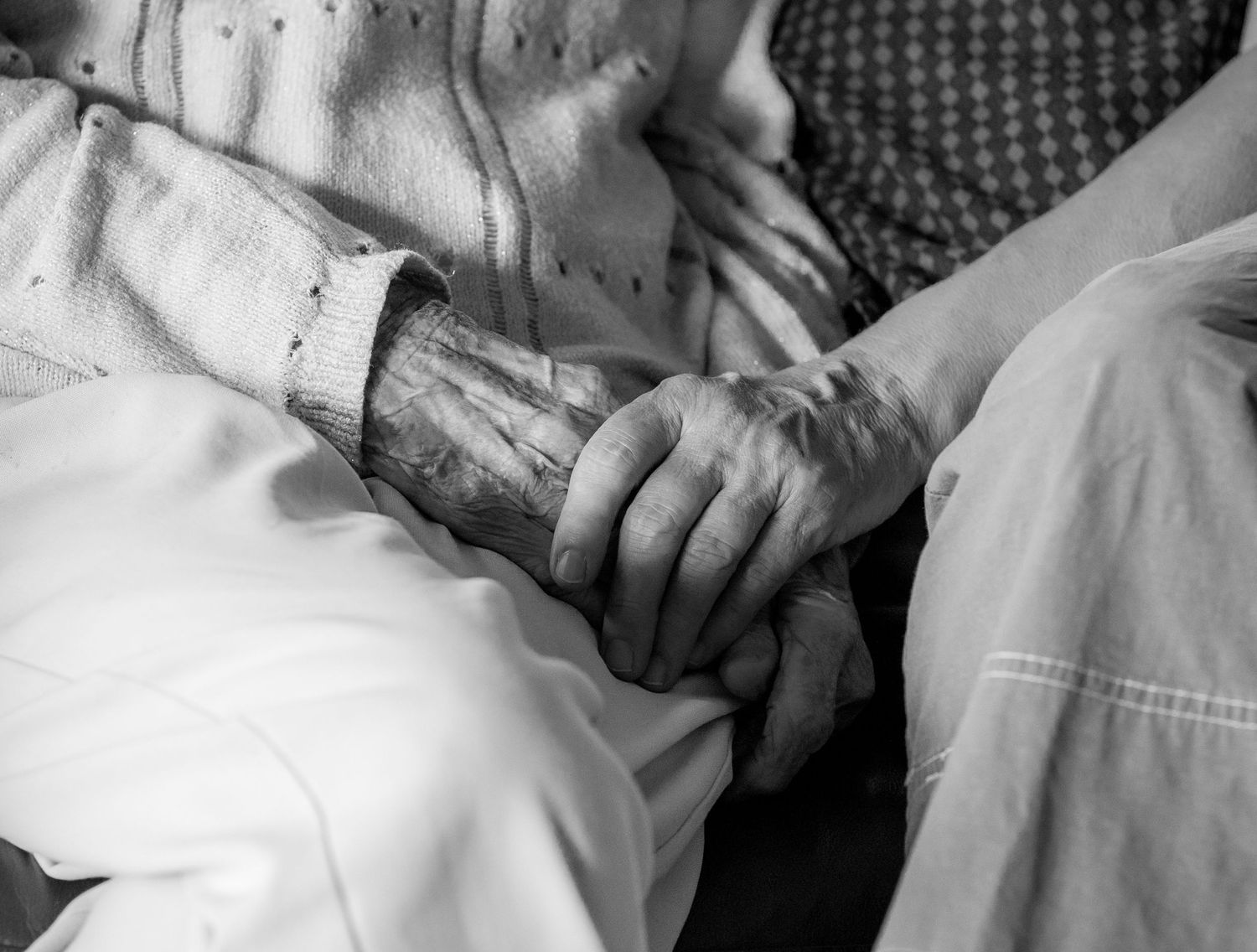Black and white close-up photo of hands holding a small object, showing gentle care and attention to detail.