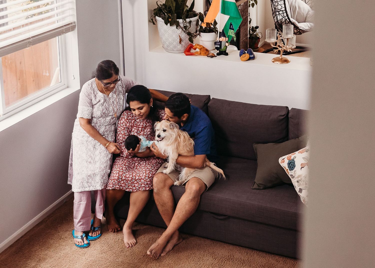 A sequence of five photos showing someone sitting on a couch and playing with a small dog.