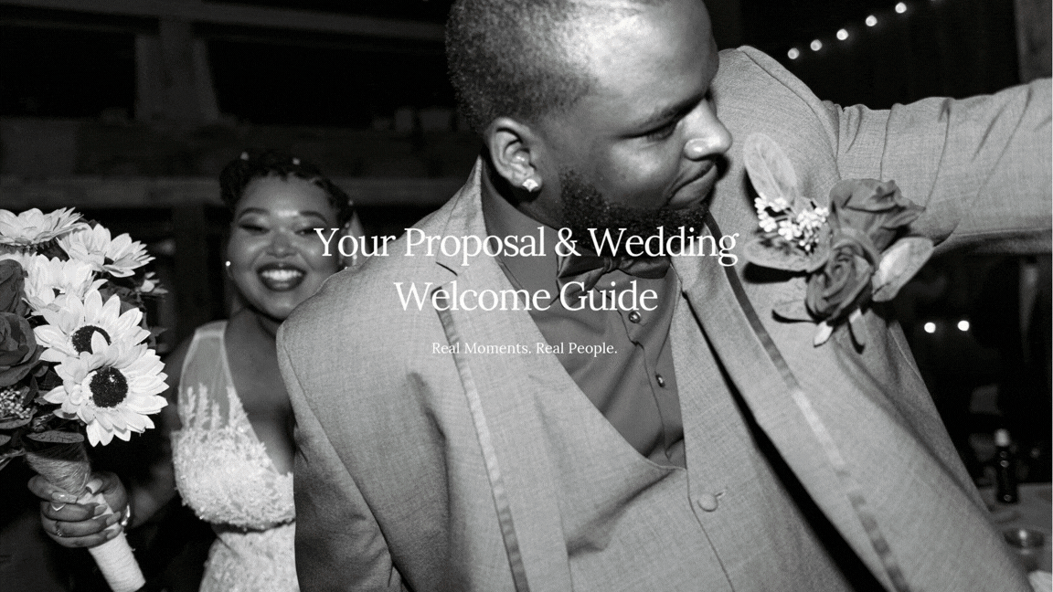 Two people smile joyfully at a wedding ceremony while posing with a white floral bouquet.