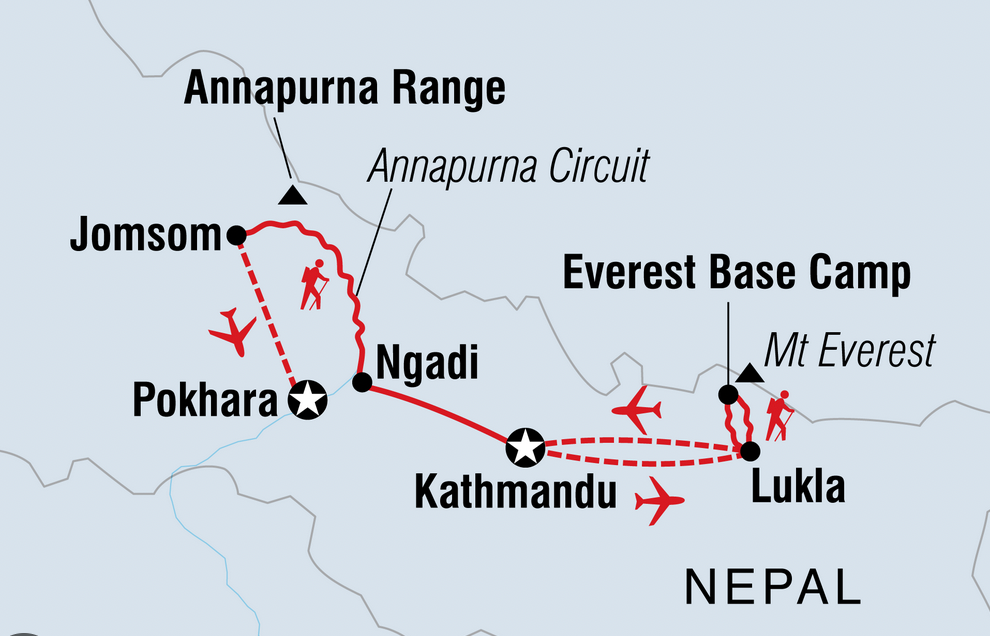 Map section showing locations in Nepal including Kathmandu and Mount Everest Base Camp.