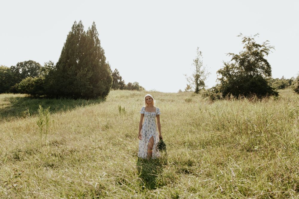 Sequence of shots showing a figure walking through a sunlit meadow with tall grass.