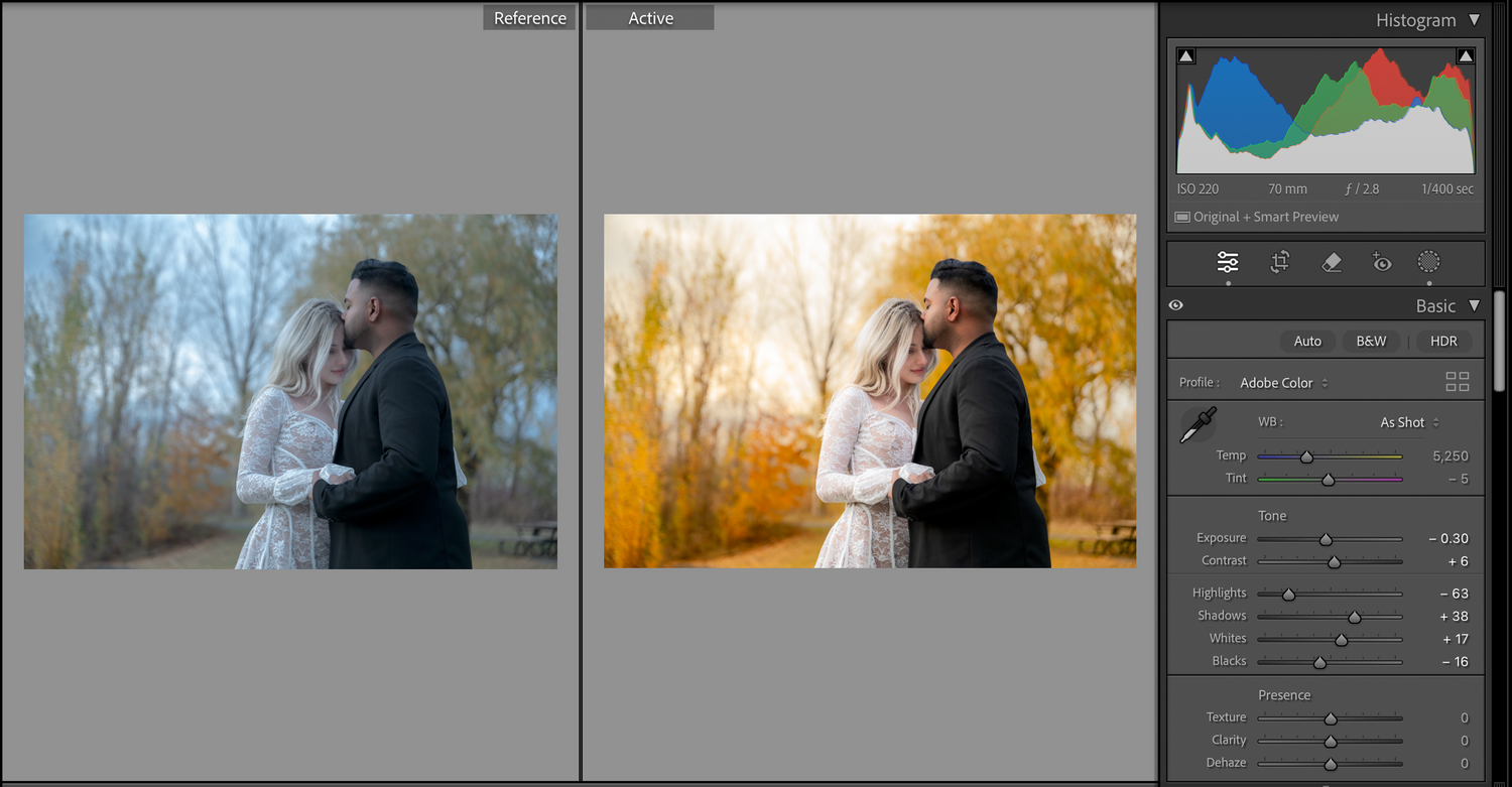 Side by side photo editing comparison showing a couple embracing outdoors, with the original and warm-toned edited version.