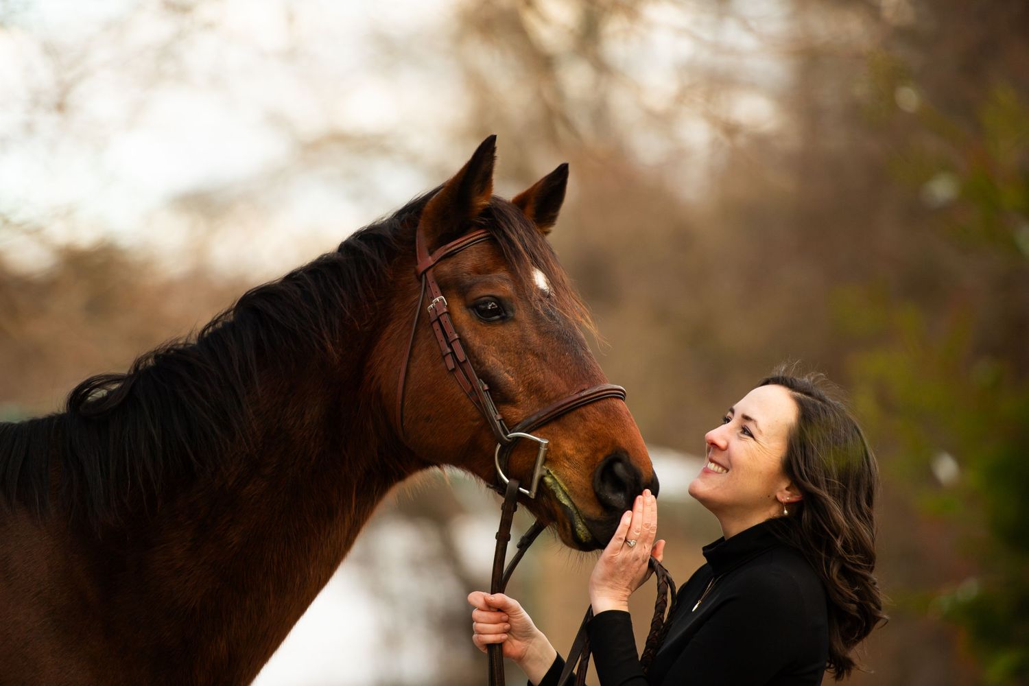 Horse and companion share a tender bonding moment during golden hour.