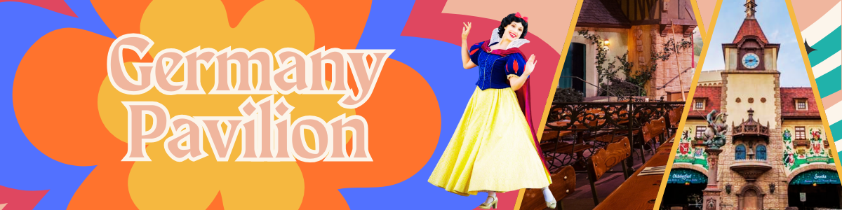 Decorative banner for Germany Pavilion featuring colorful shapes and an illustration of Snow White in traditional dress.