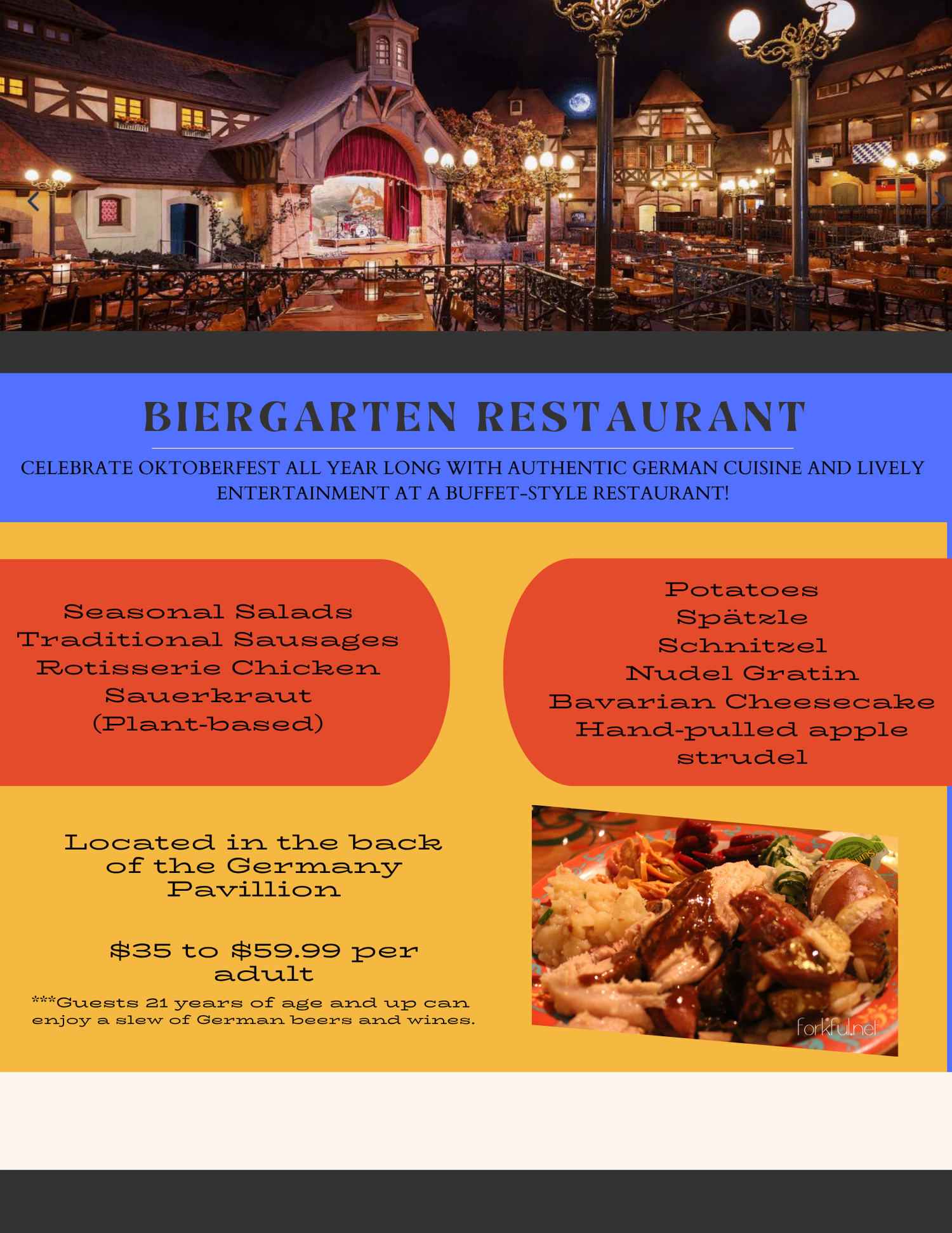 Illuminated Biergarten restaurant entrance with German-style architecture and outdoor seating at night featuring traditional menu items.