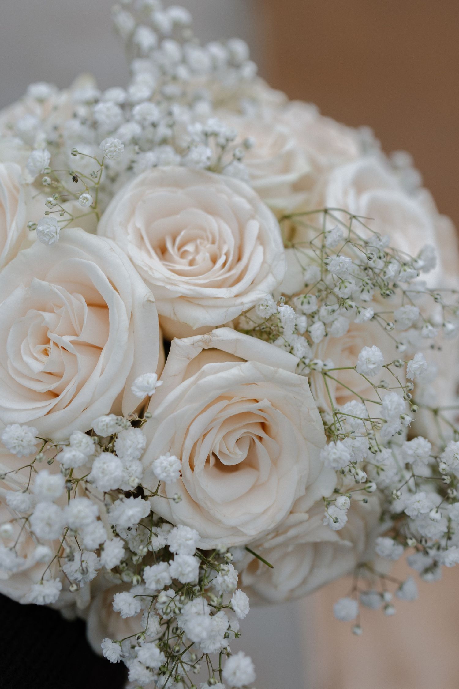 Close-up of delicate white roses and baby's breath in a classic bridal bouquet.