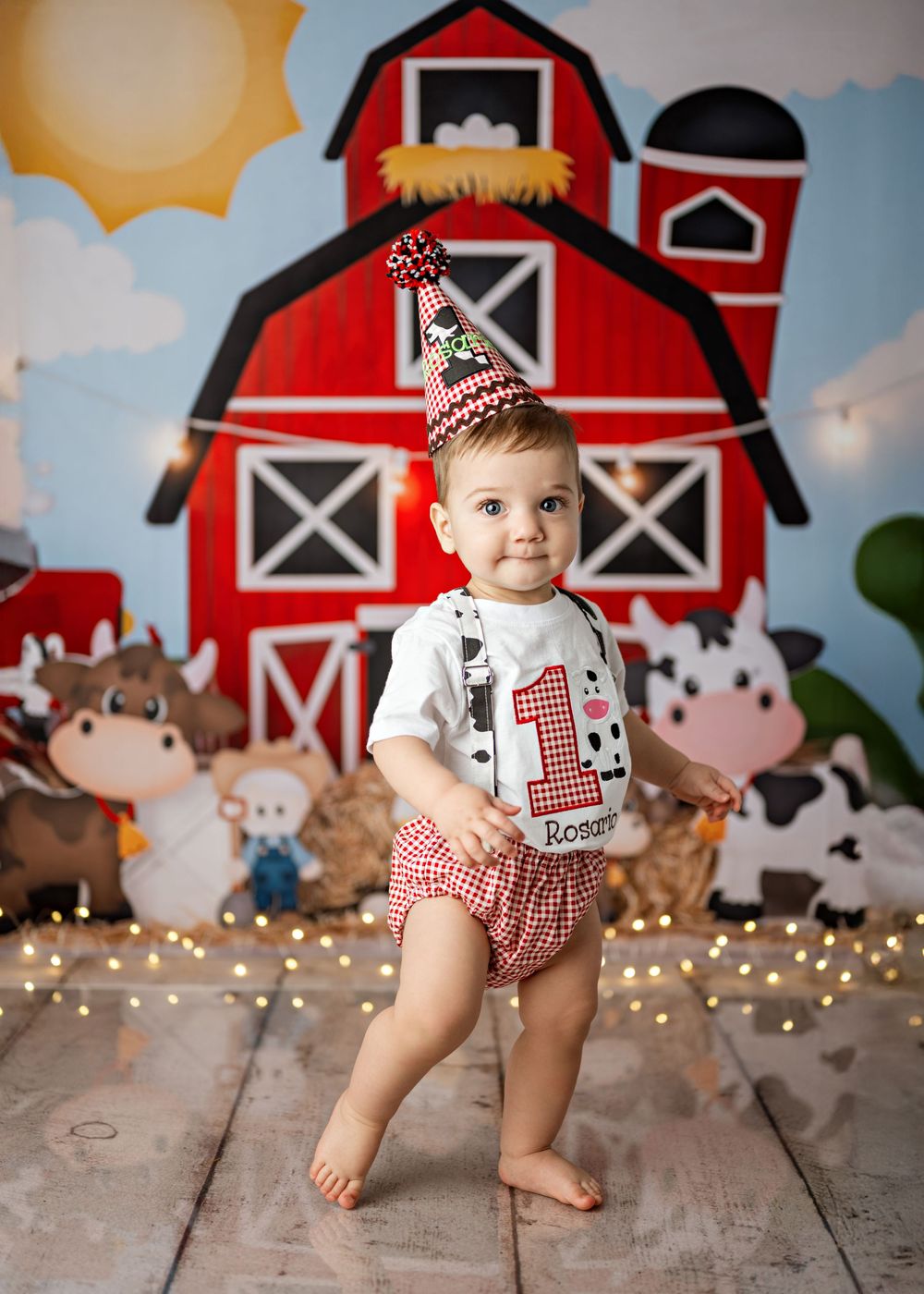 Farm themed backdrop with red barn and rustic wooden flooring decorated with stuffed animal toys.