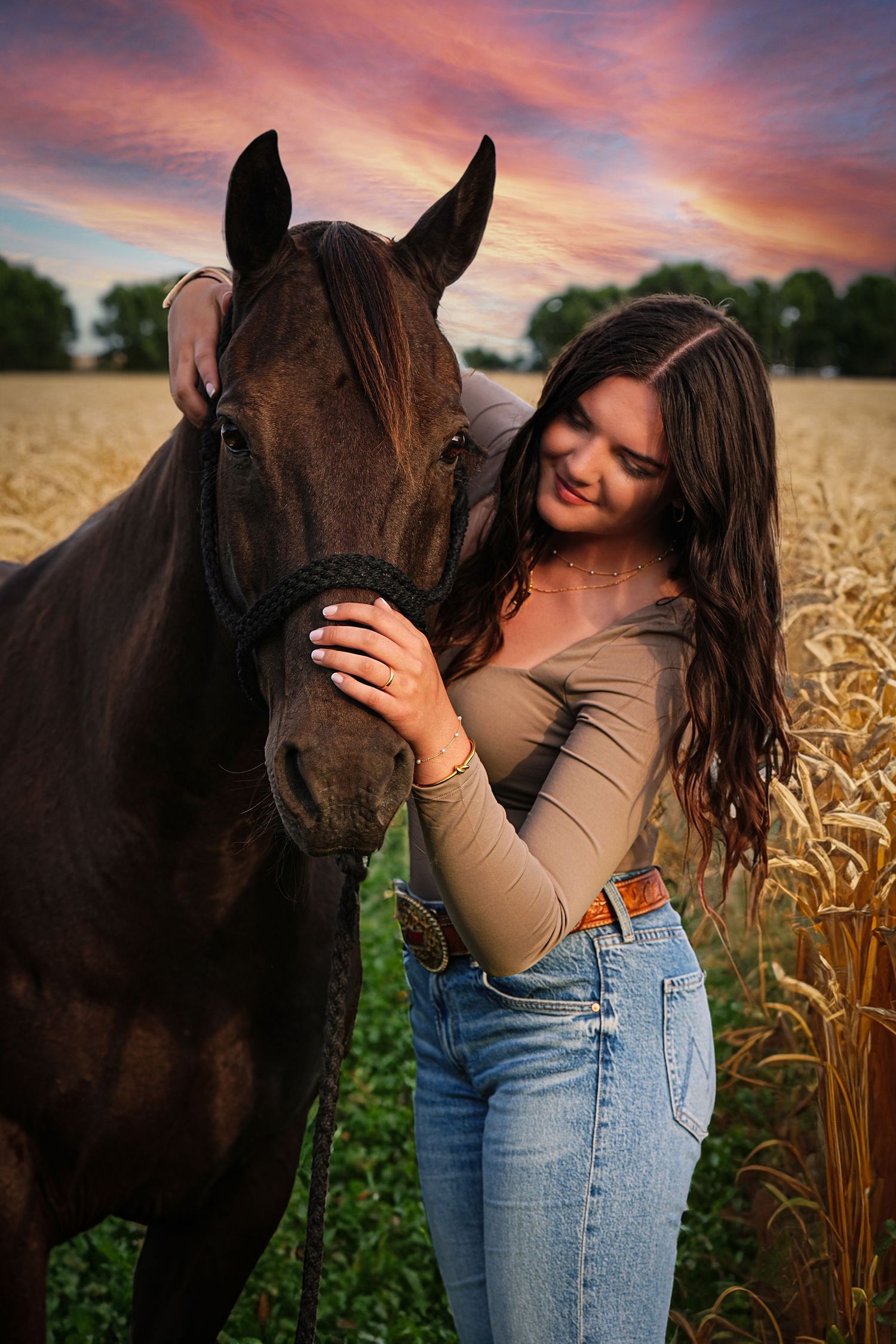 Woman bonding with dark brown horse in wheat field during dramatic sunset.