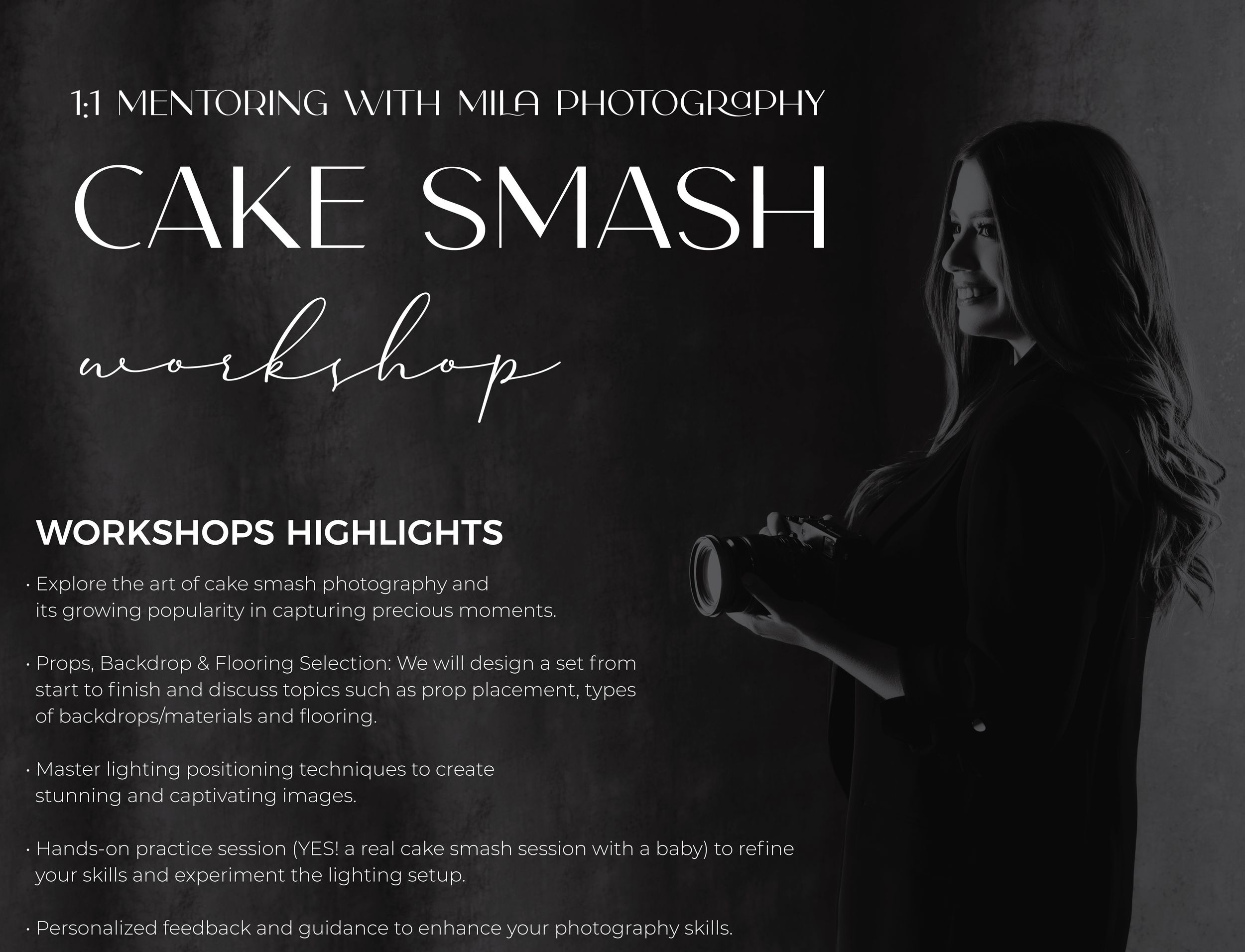 Black and white promotional image for a cake smash photography workshop showing workshop highlights and details.