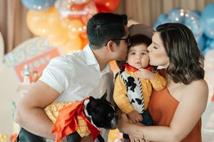 A series of romantic photos showing tender moments between a couple during a birthday celebration with colorful balloons.