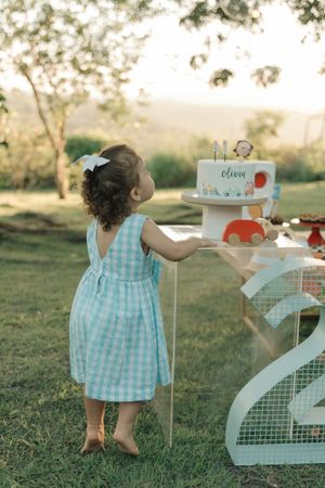 A toddler in a blue gingham dress reaches for a white birthday cake decorated with an orange elephant on a number 2 stand.