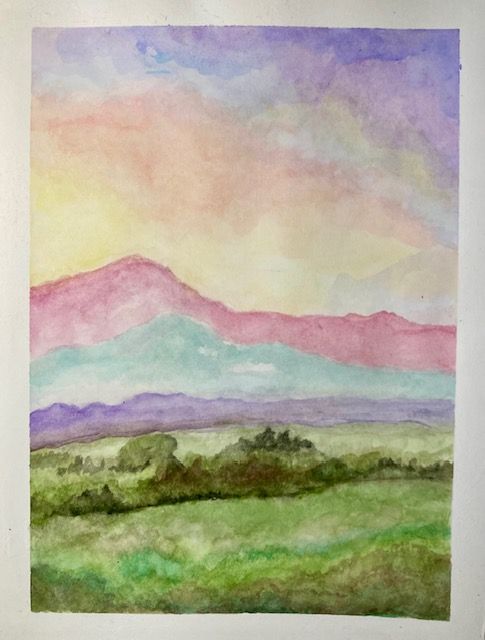 Progressive watercolor landscape with pink mountains and green valley under pastel sky.