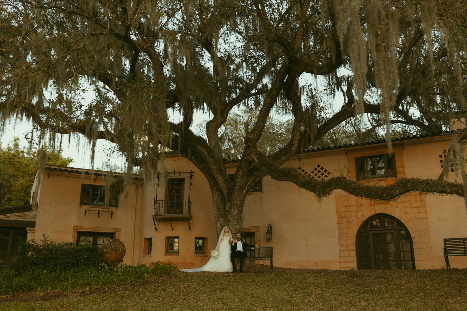 A romantic wedding photoshoot under dappled sunlight in a tree-lined pathway.