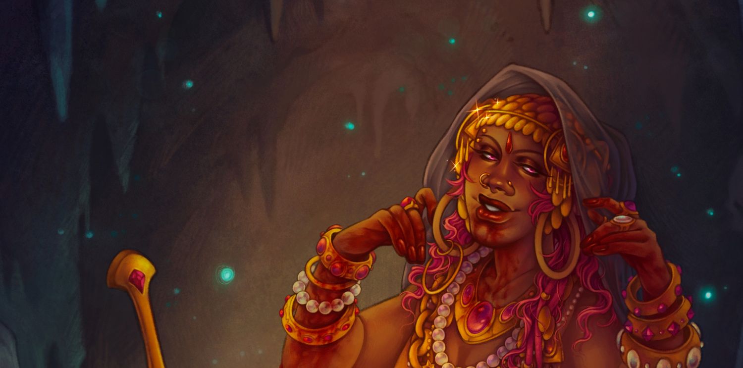 Desert scavenger character with magenta hair, curved blade, and layered robes in a post-apocalyptic landscape.