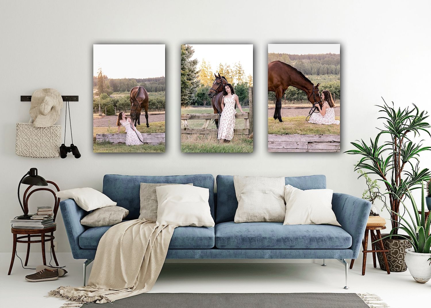 Equine, horse and rider wall art triptych, display of home or business wall art options Copyright Amanda Barr Photography