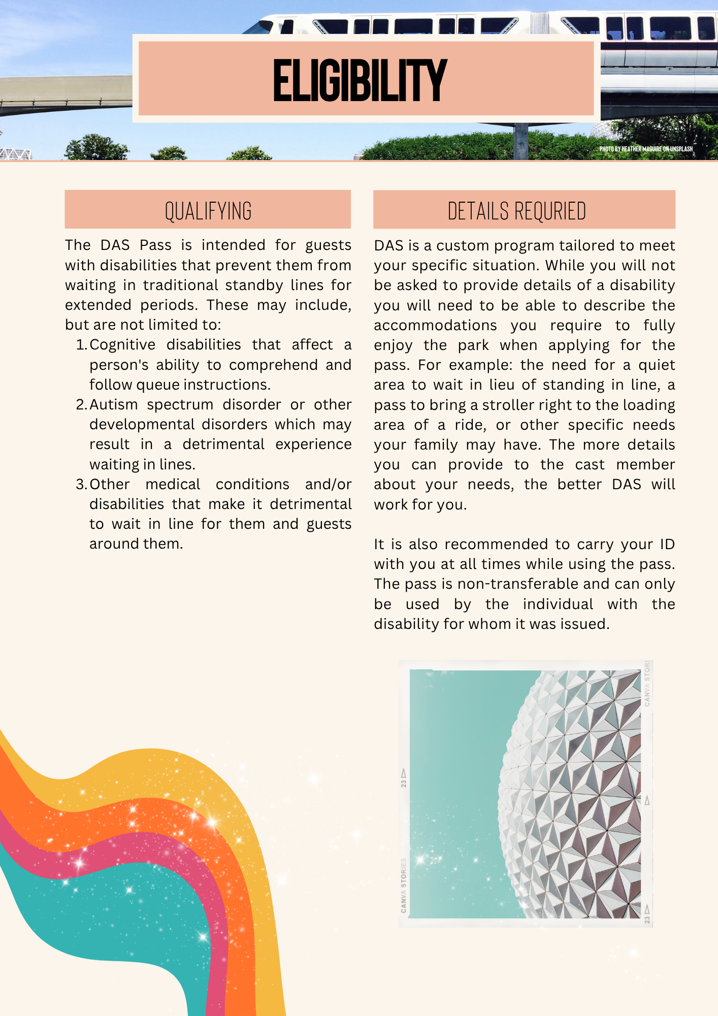 A detailed layout page showing eligibility requirements for Disney's disability access services.