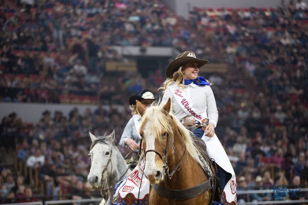 Riders on horseback performing in formation at a rodeo arena. Wisconsin Pro Rodeo PRCA Rodeo Photographer Dakota Cardenas