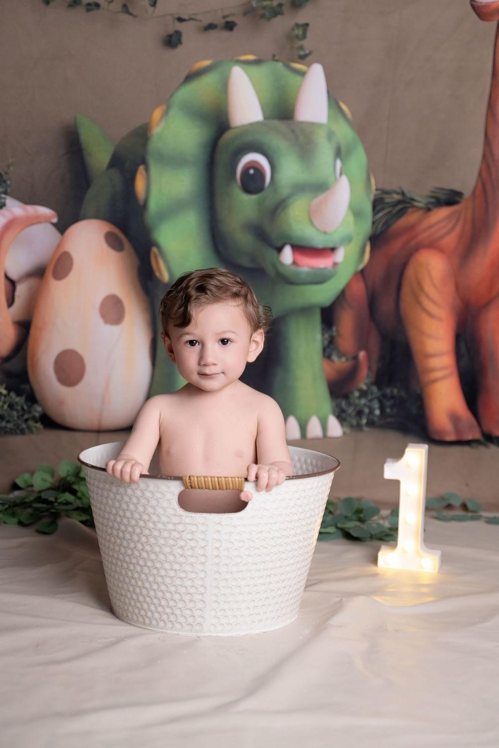 A baby boy sits in a white tub holding a brush, celebrating his 1st birthday with a dinosaur themed backdrop.