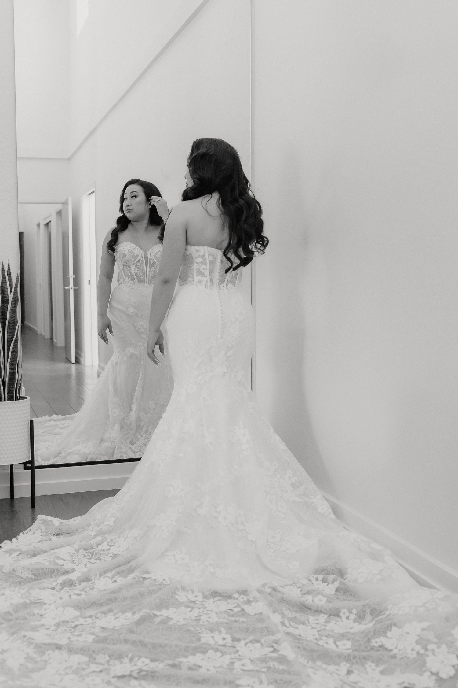 A collection of wedding dress photos showing elegant white gowns with long trains in a bridal boutique setting.