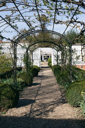 Garden path leads through ornate metal archway covered in climbing vines to white building in elegant estate setting.