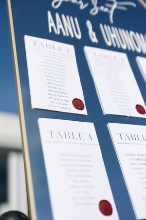 Wedding seating chart display with elegant table assignments on white cards marked with red wax seals.