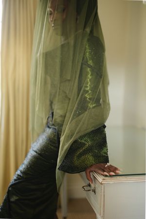 Close-up of a sheer green traditional dress against a curtained background.