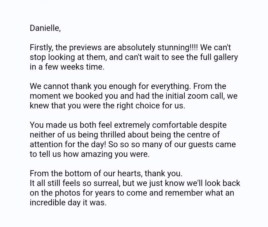A heartfelt thank you note expressing gratitude for photography services and anticipation of seeing a full gallery of images.