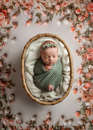 Newborn baby sleeping peacefully in olive green wrap inside rustic basket surrounded by coral floral decorations.